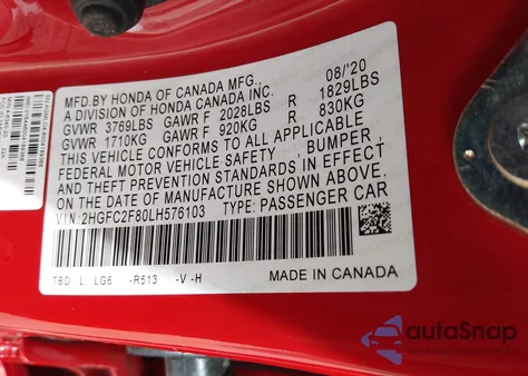 2020 Honda Civic Sport z USA, uszkodzony, nr VIN 2HGFC2F80LH576103